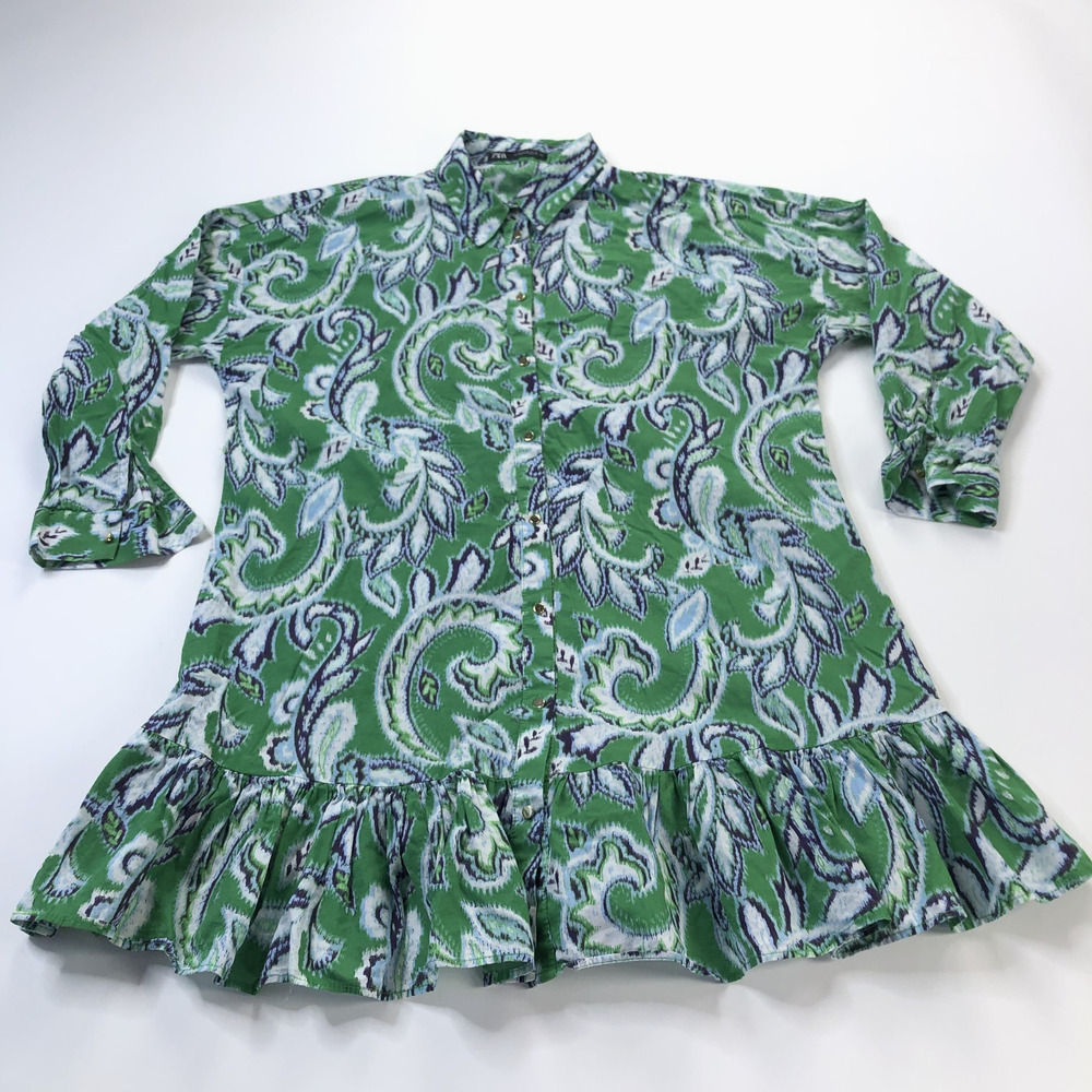 Zara Paisley Medium Button Front Collared Mini Knee Dress Lightweight Green